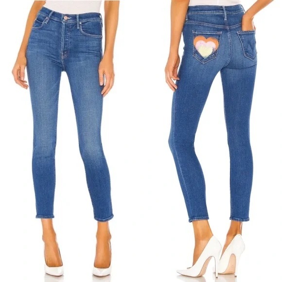 NWOT Mother The Super Stunner Ankle Jeans Double Vision 28 Heart Pocket Painted - Picture 3 of 11